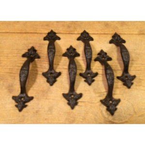 Set of  Six (6) Cast Iron 6 1/2" long Fleur-De-Lis Gate Drawer Handles 0184-0040